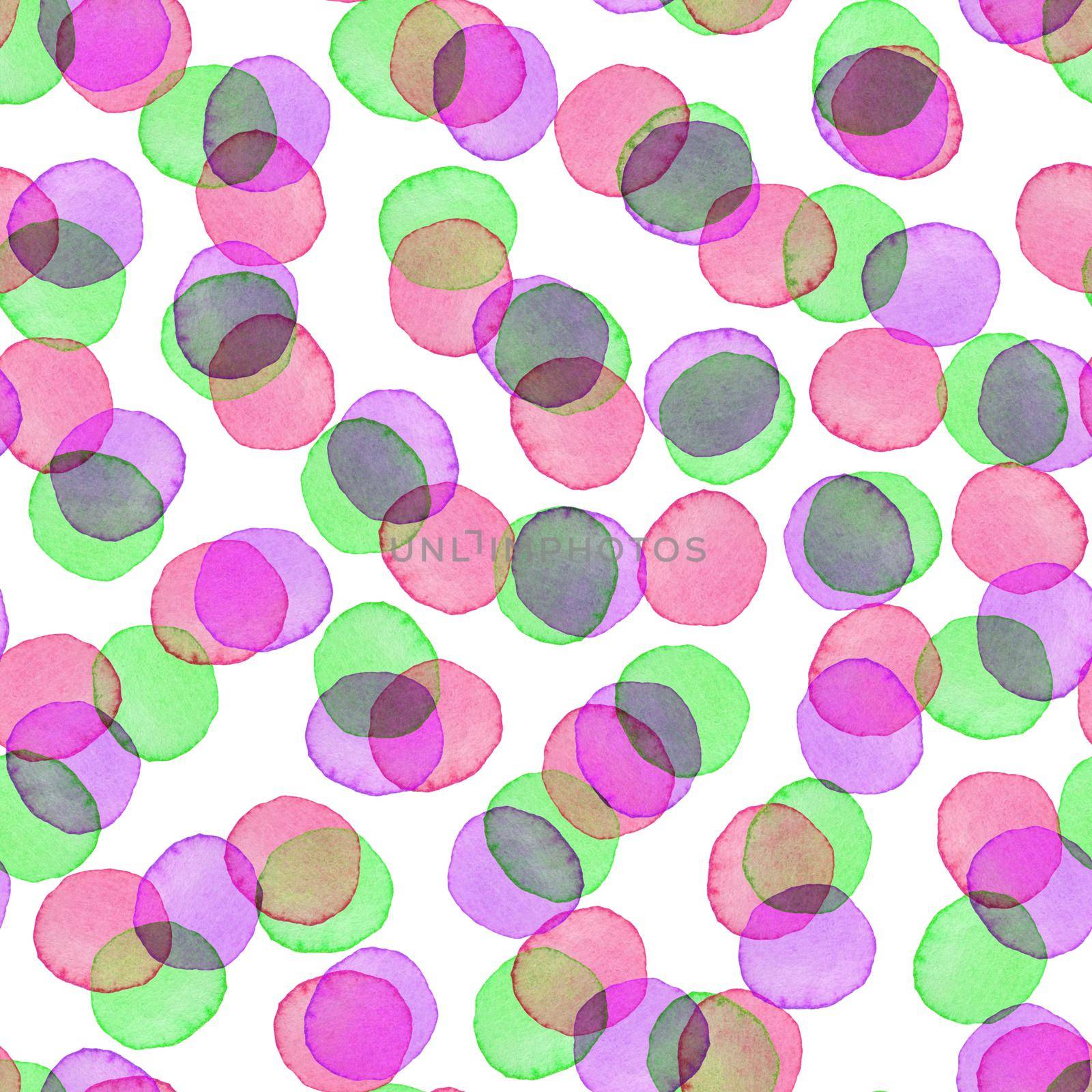 Hand Painted Brush Polka Dot Girly Seamless Watercolor Pattern. Abstract watercolour Round Circles in Purple Green Color. Artistic Design for Fabric and Background.