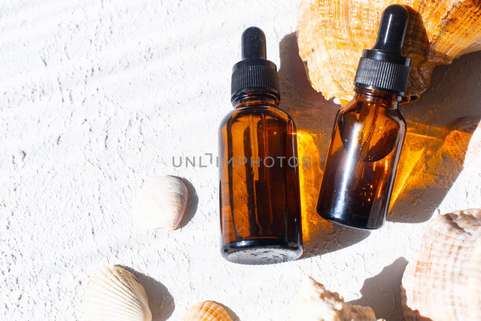 Cosmetic oil and shells . A container for cosmetic oil. Cosmetology. Skin care. Seashell. Article about the choice of facial oil