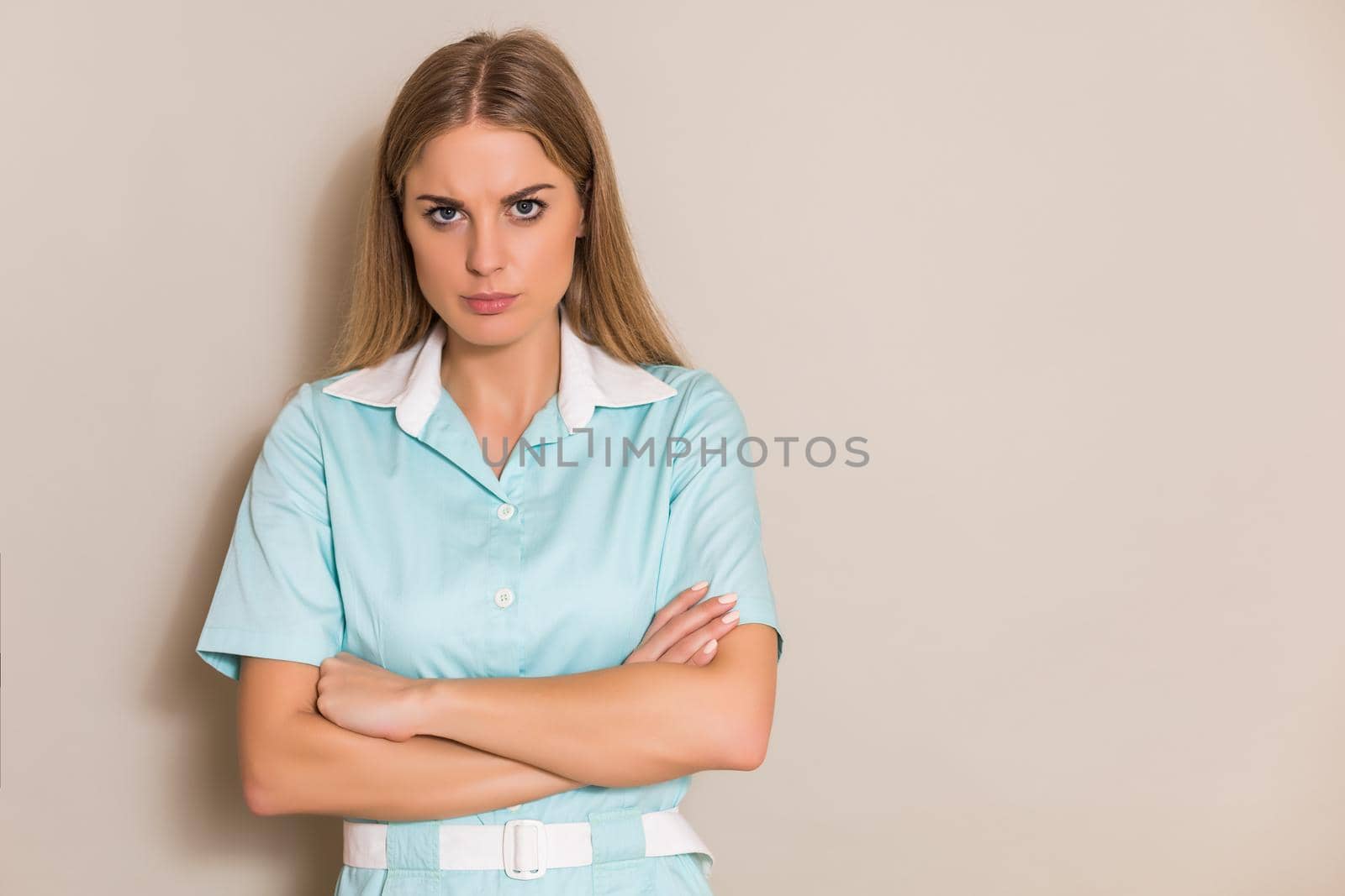 Portrait of angry medical nurse.