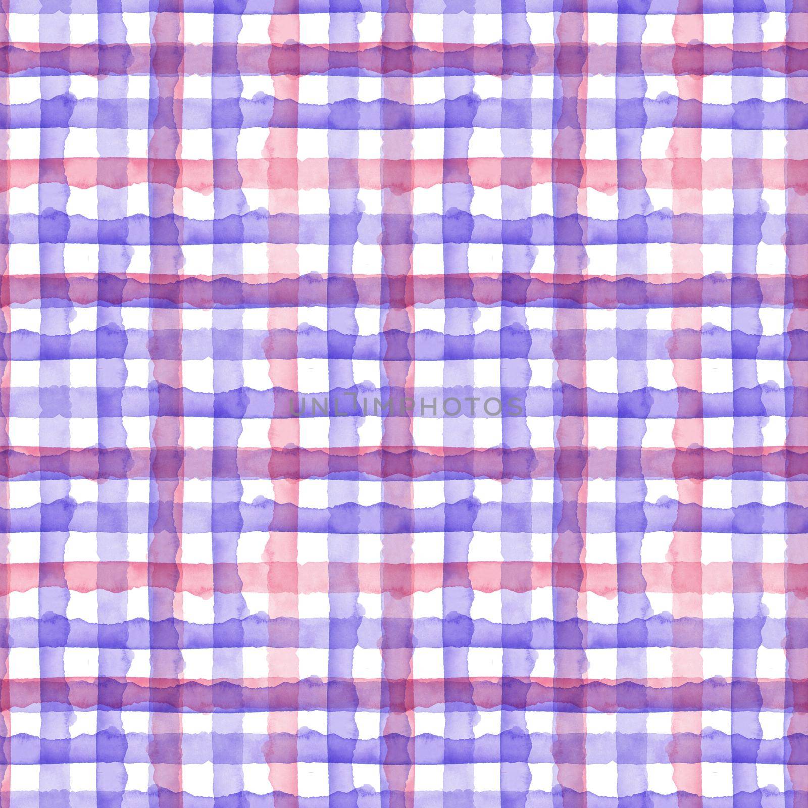 Watercolor Pink Violet Check Seamless Pattern. Simple Plaid Fabric Background. Hand Painted Simple Design with Stripes. by DesignAB