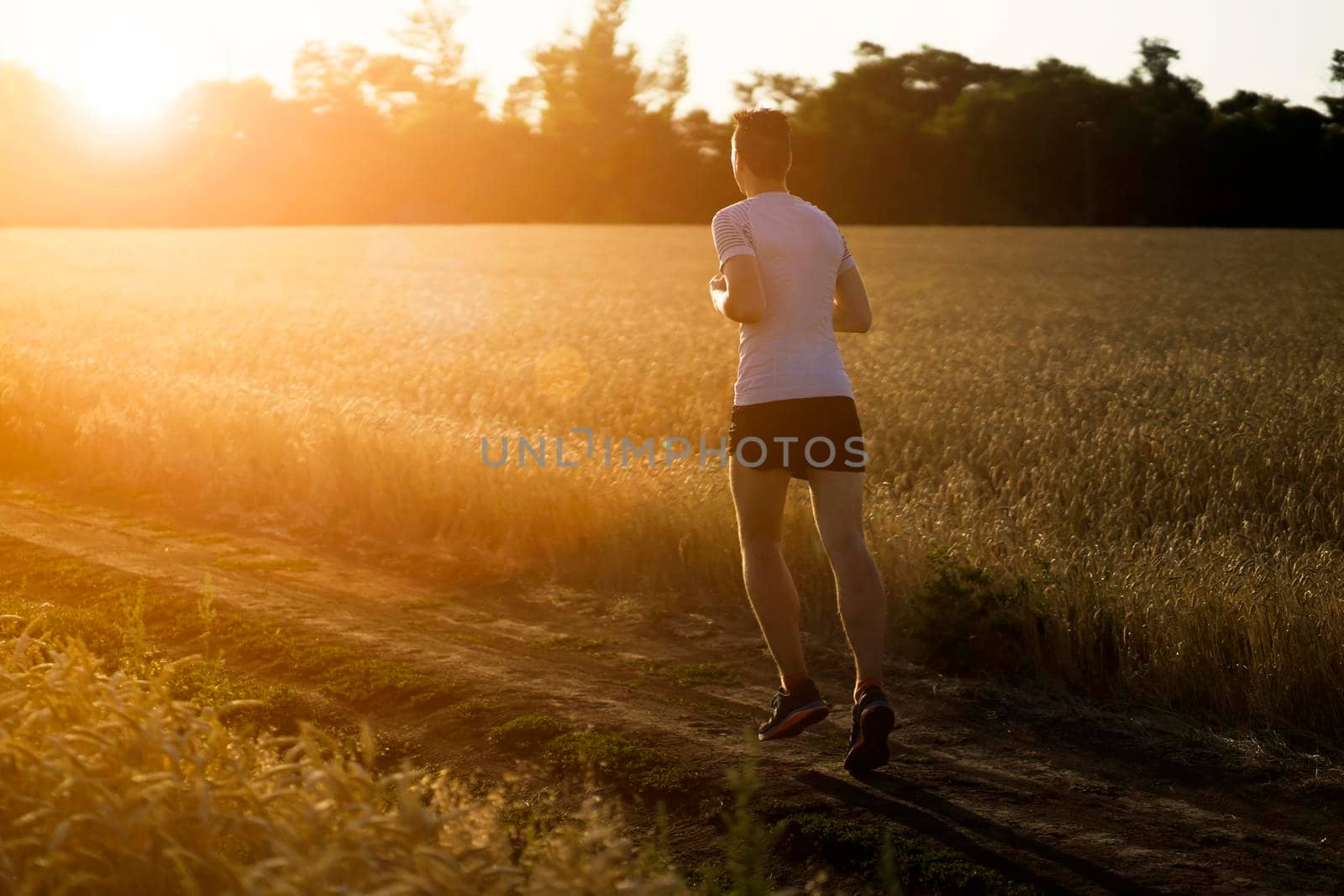 Man jogging along the trail at sunset. by africapink