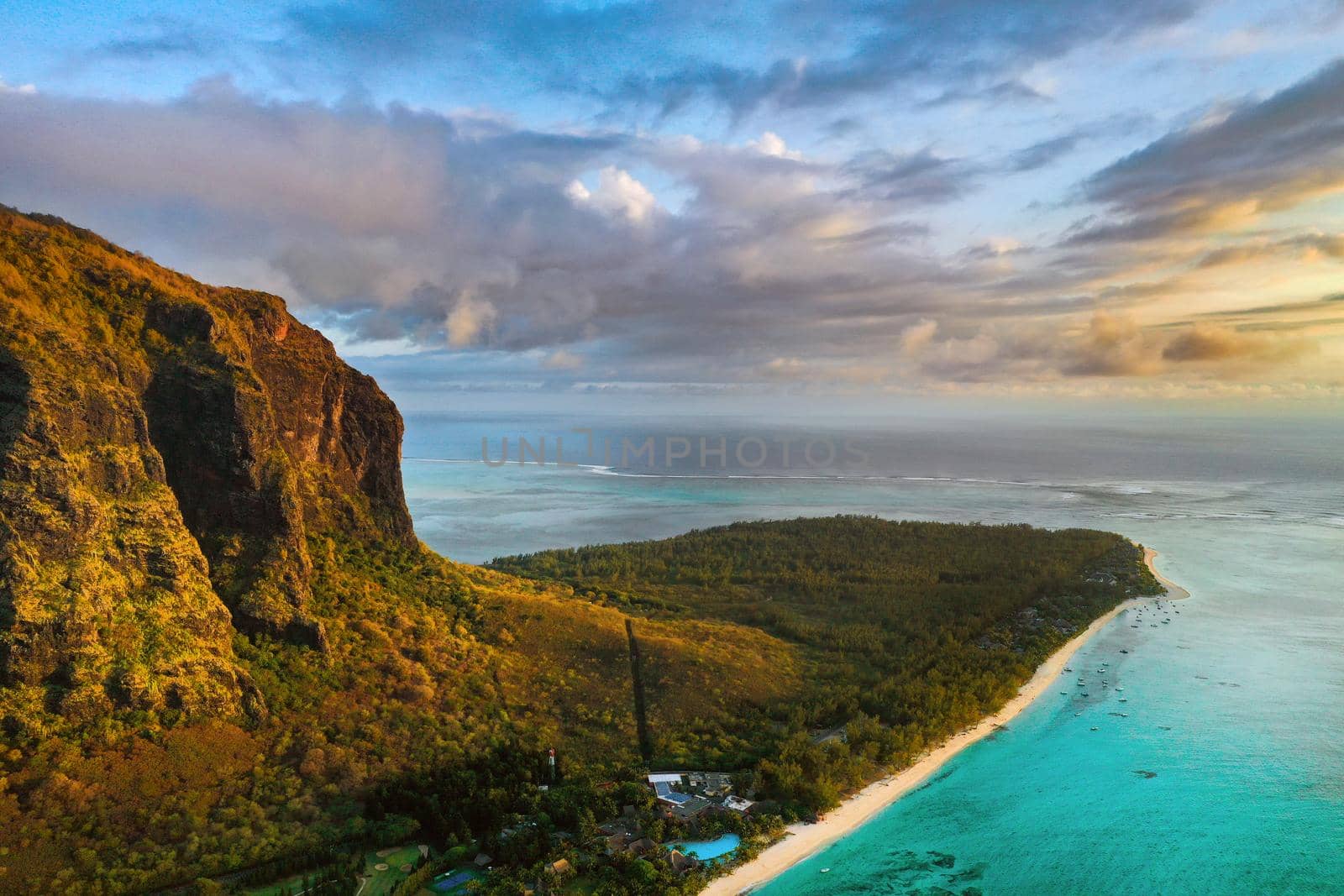 View from the height of the island of Mauritius in the Indian Ocean and the beach of Le Morne-Brabant.