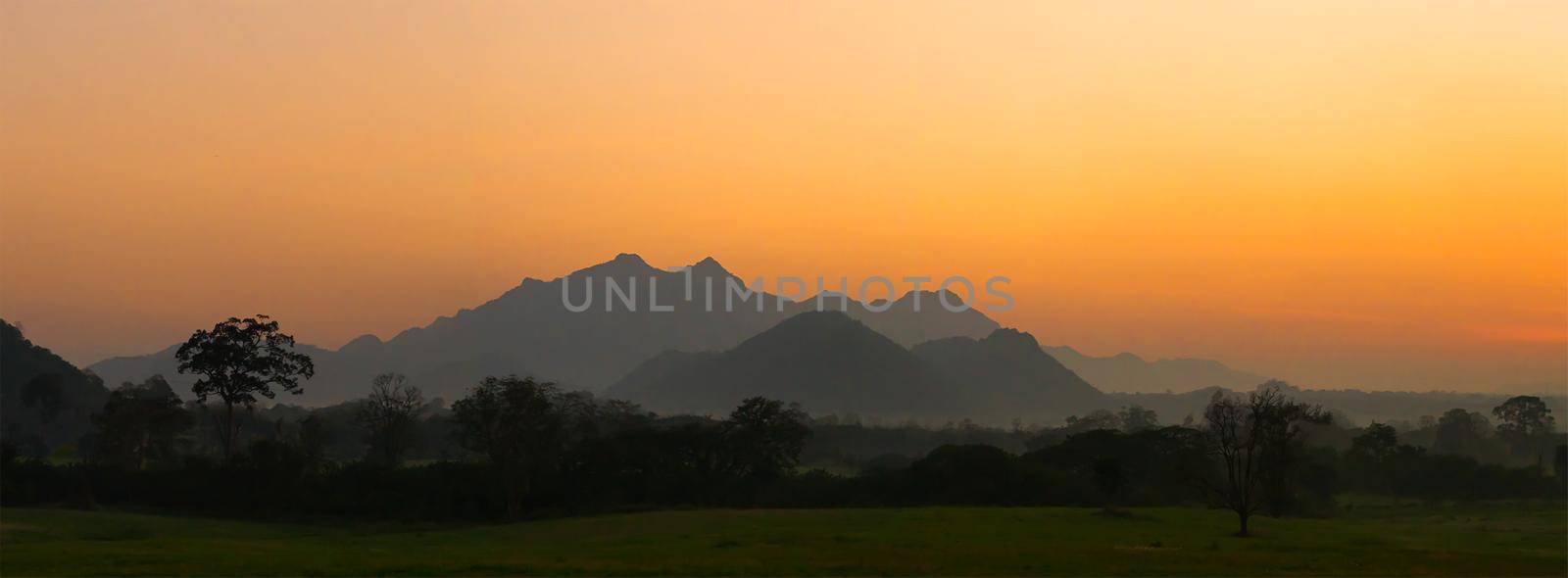 landscape mountain with golden sky hours in the morning sunrise in twilight time