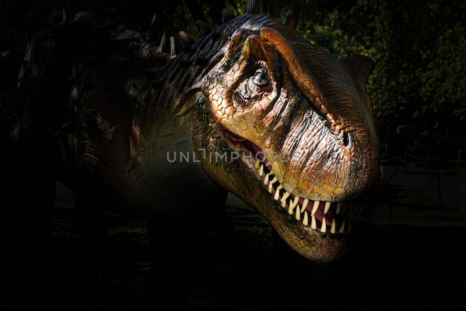The head of dinosaur in the dark background. Tyrannosaurus Rex or T-Rex is a carnivorous genus of Coelurosaurian Theropod dinosaur, lived in the Cretaceous period. High quality photo