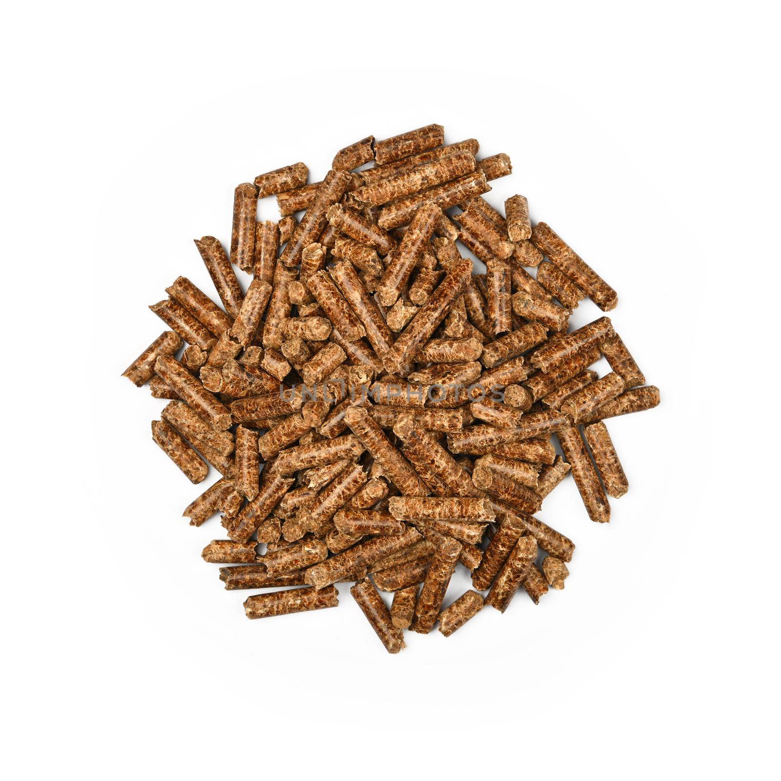 Close up pile of hardwood pellets for natural food smoking and cooking, isolated on white background, elevated top view, directly above