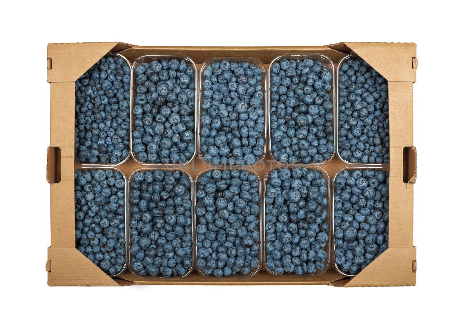 Close up one brown carton box with several plastic containers of fresh ripe blueberry berries, isolated on white background, elevated top view, directly above