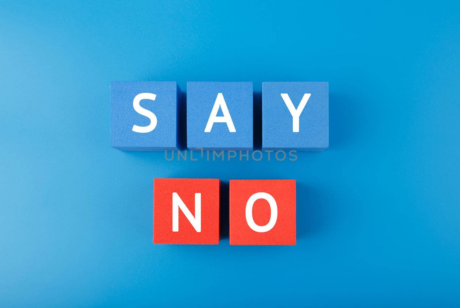 Say no or negative answer minimal concept in blue colors. Say no to violence, toxic people, discrimination, agism and other negative factors