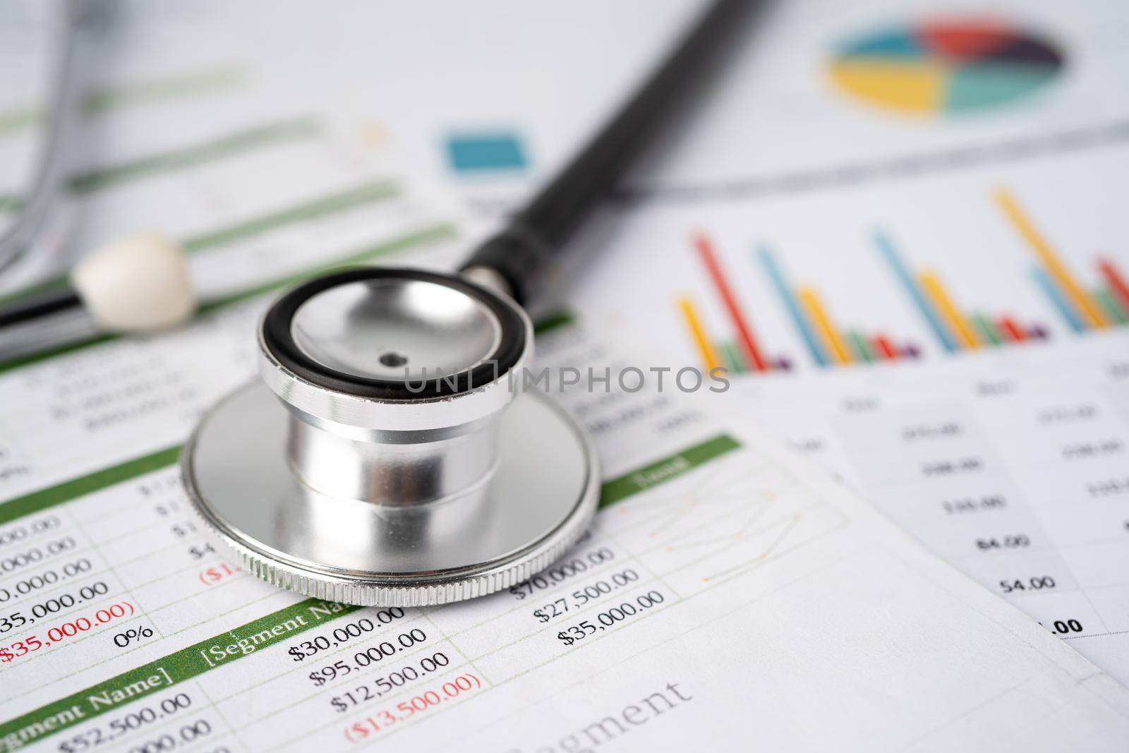 Stethoscope and calculator on chart graph paper, finance, account, statistic, analytic economy Business concept. by pamai