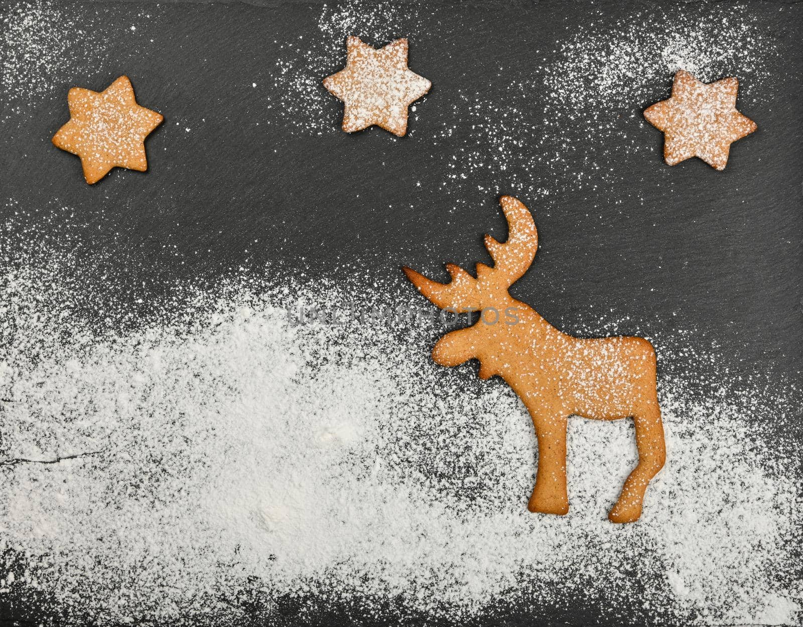 Close up gingerbread cookies with Christmas reindeer on black slate background with powdered white sugar icing and copy space, elevated top view, directly above