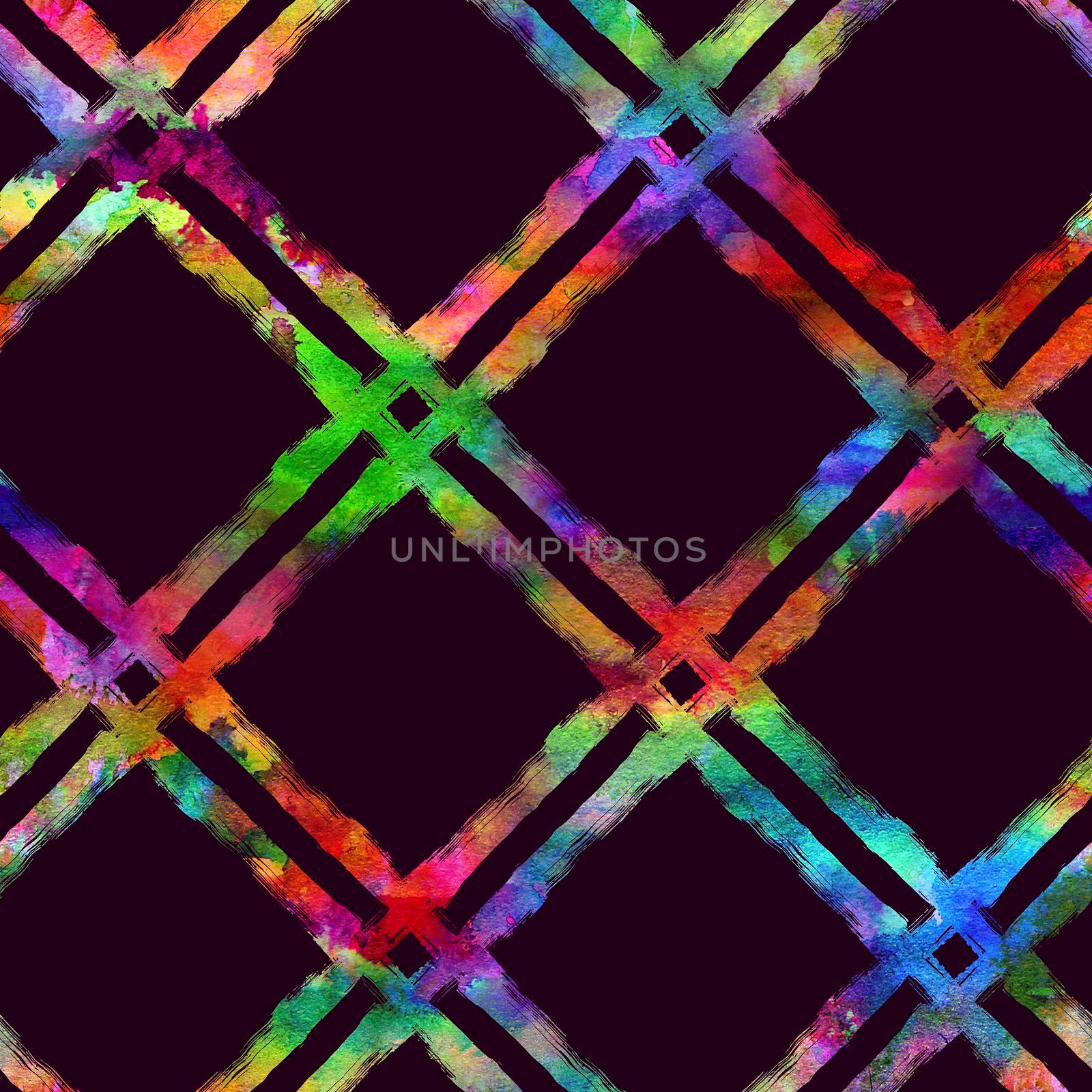 Watercolor Brush Plaid Seamless Pattern Grange Check Geometric Design in Rainbow Color. Modern Strokes Grung Collage Background for kids fabric and textile by DesignAB