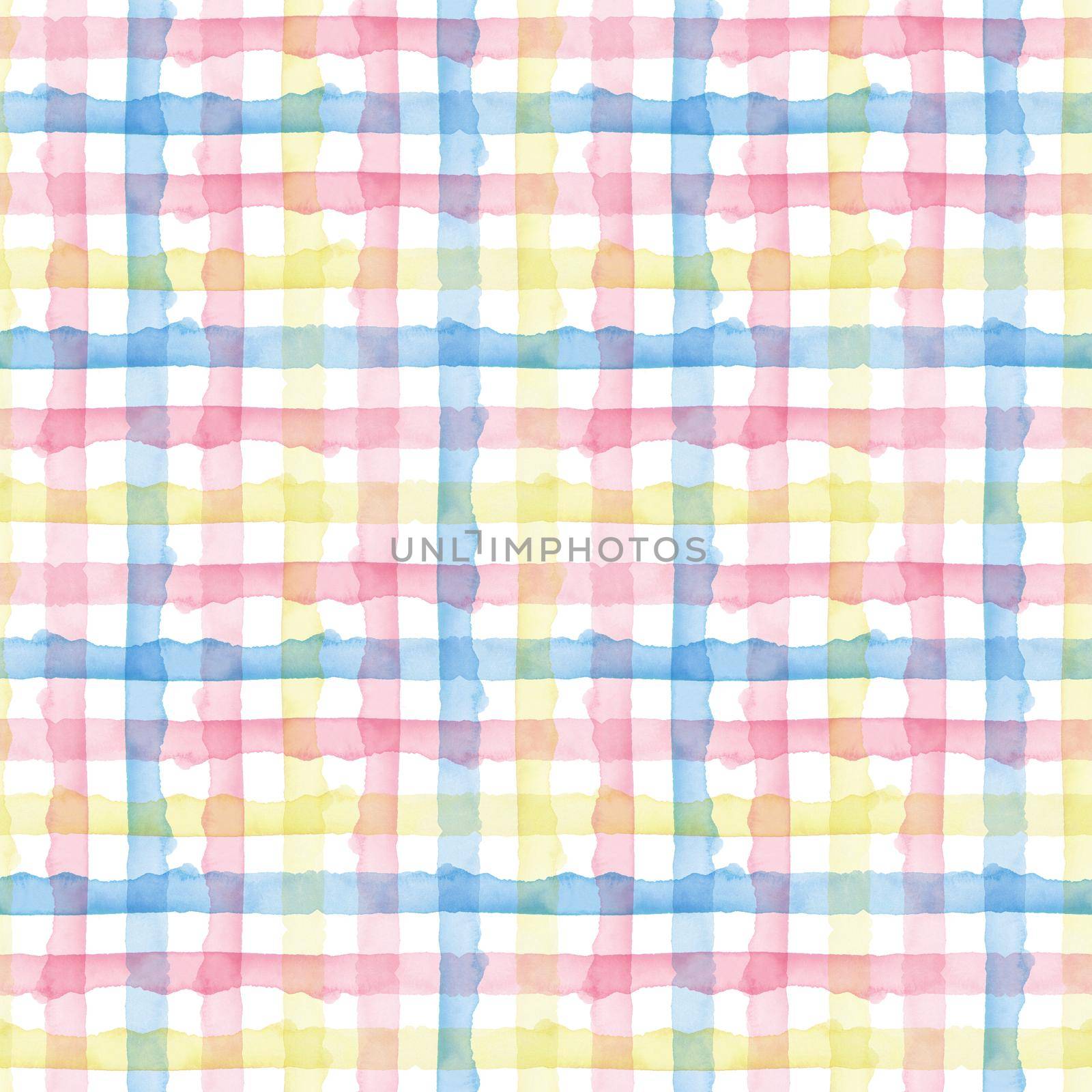 Plaid Watercolor Abstract Yellow Pink Blue Stripes Background. Cool Seamless Check Pattern for Fabric Textile and Paper. Simple Hand Painted Stripe.