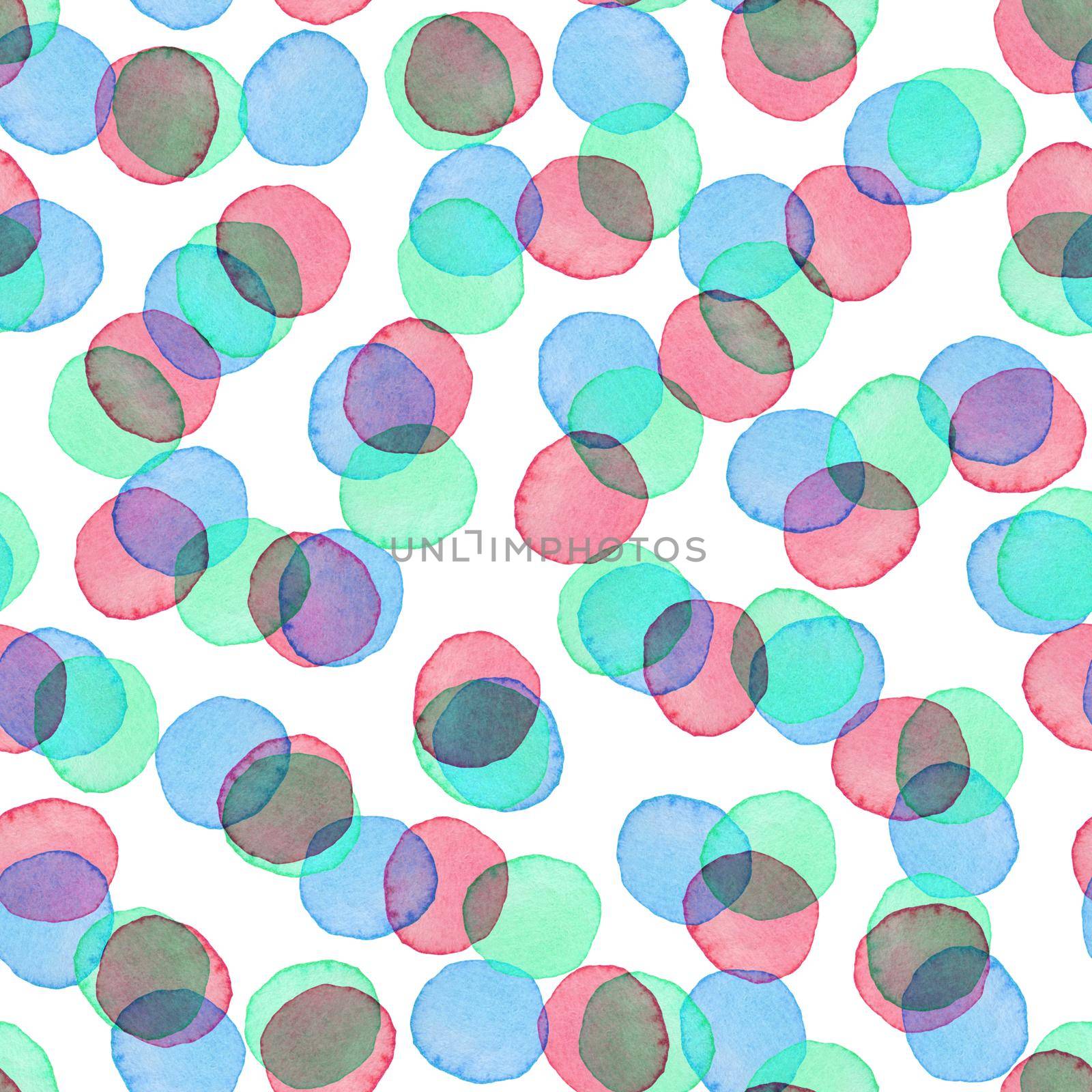 Hand Painted Brush Polka Dot Girly Seamless Watercolor Pattern. Abstract watercolour Round Circles in Purple Blue Color. Artistic Design for Fabric and Background by DesignAB
