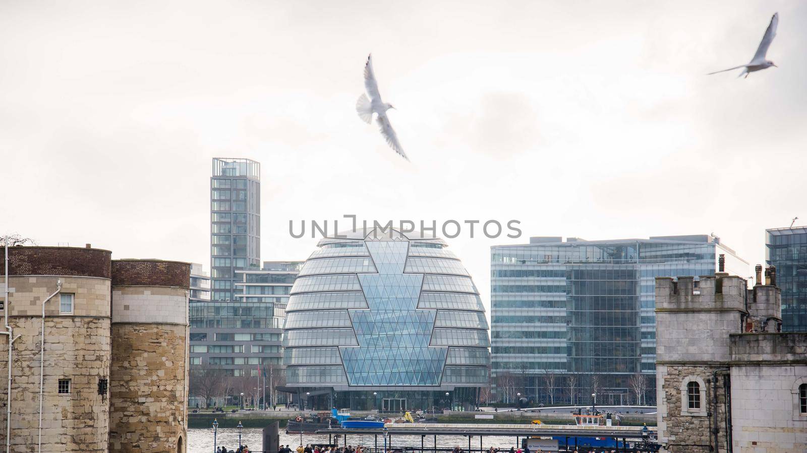 London, UK - January 27, 2017 : Unique view of City Hall in London with birds flying in the foreground.