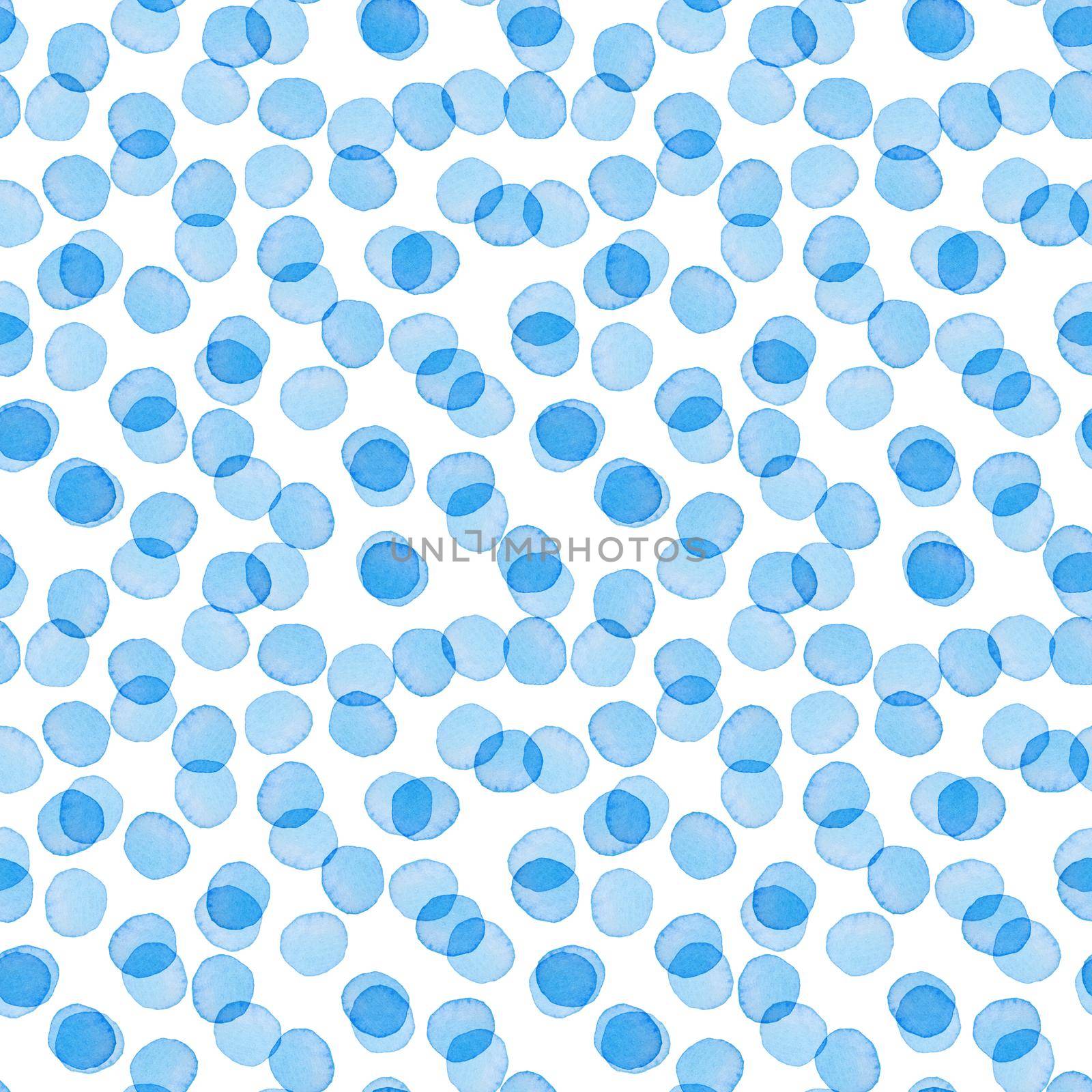Hand Painted Brush Polka Dot Seamless Watercolor Pattern. Abstract watercolour Round Circles in Blue Color. Artistic Design for Fabric and Background.