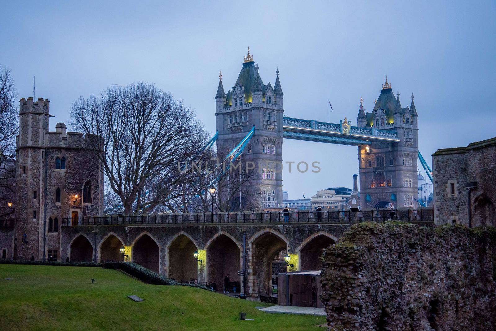 London, UK - January 26, 2017: Iconic Tower Bridge from the Tower of London castle vantage point London UK landmarks