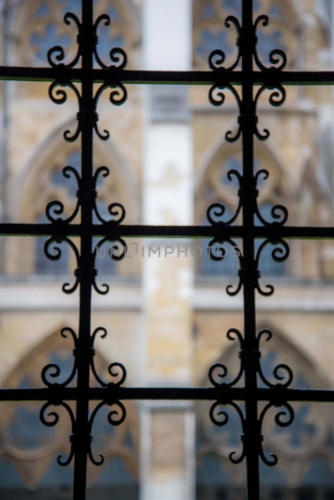 Artistic view of gothic iron gate juxtaposed with cathedral windows blurred in background. Unique perspective by jyurinko