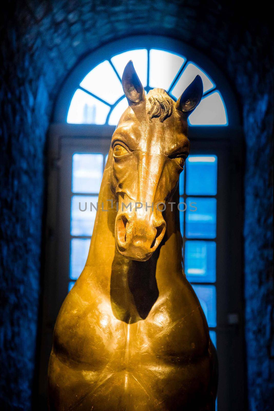 An elegant golden horse head statue with a cool blue background in London UK