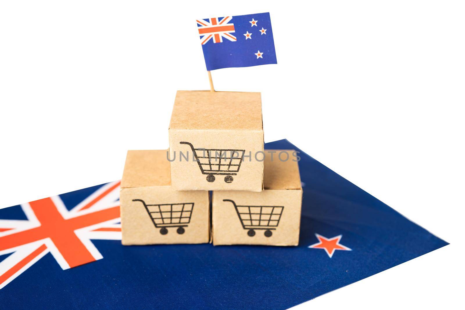 Shopping cart logo with New Zealand flag, Shopping online Import Export eCommerce finance business concept.