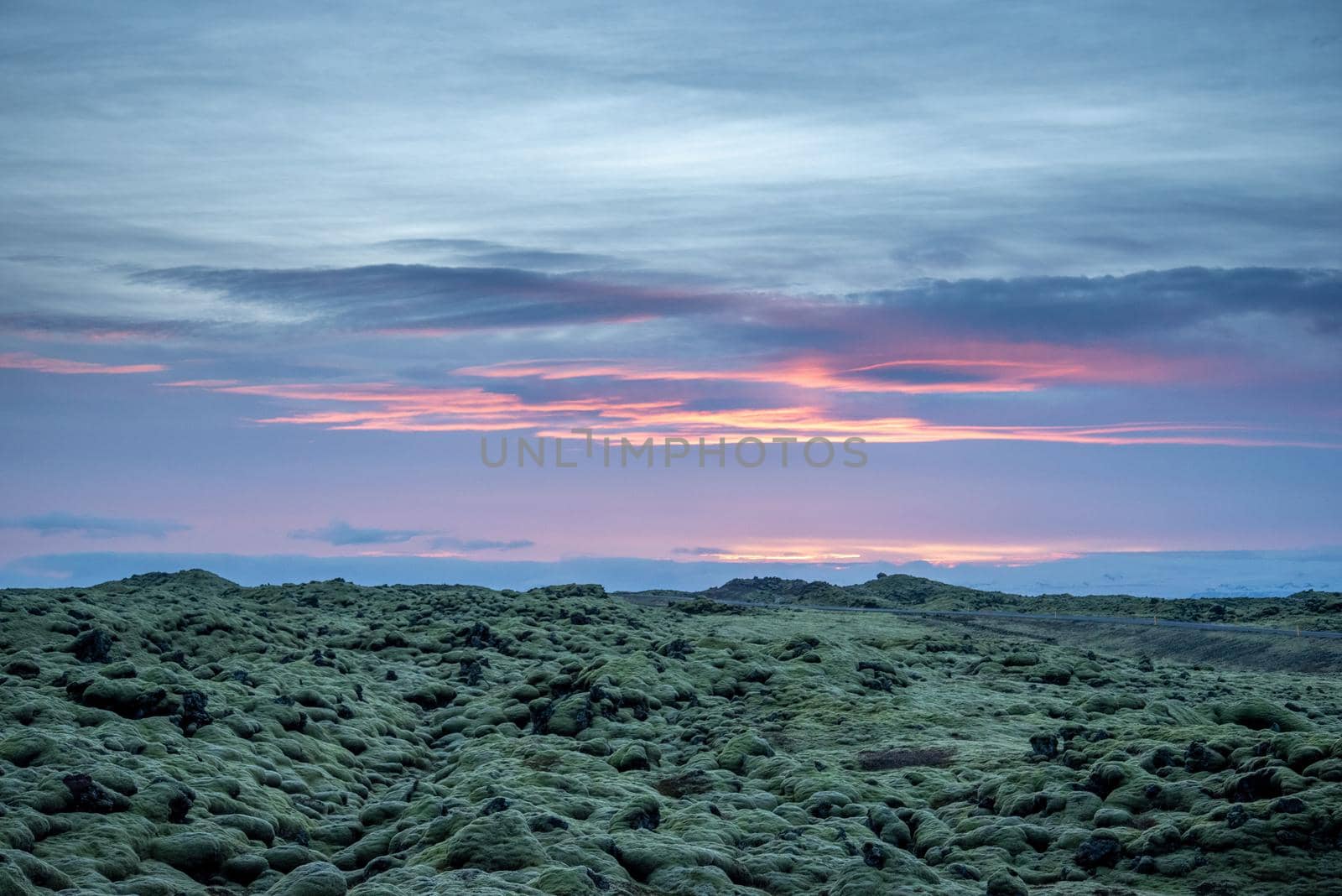 Icelandic landscape photo at sunset with volcanic rock field covered in green moss by jyurinko