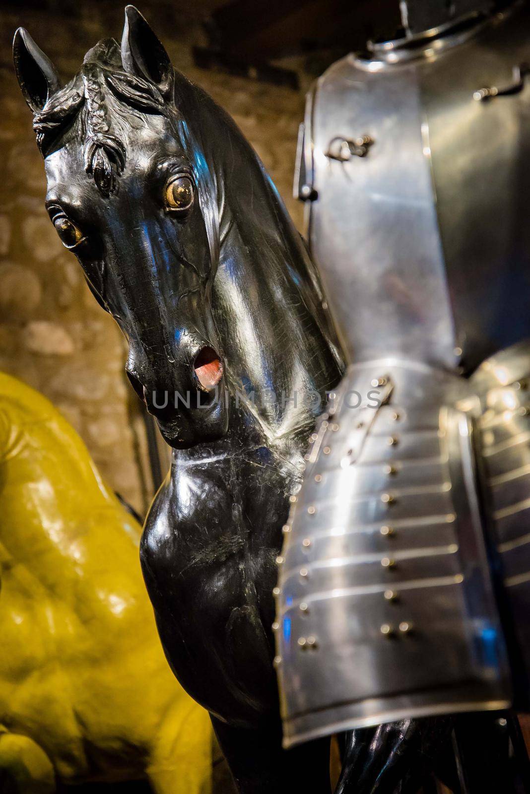 Close up of metal horse head armor statue medieval times era