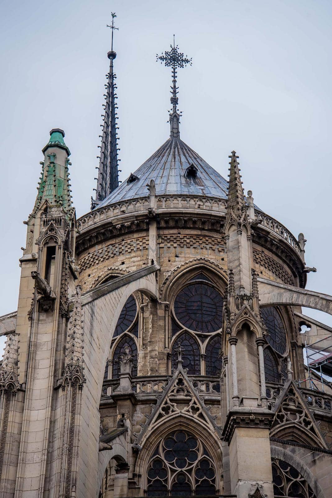 Paris, France - February 3, 2017: Detail close up view of the French Gothic architecture of the Notre Dame de Paris. Exterior view
