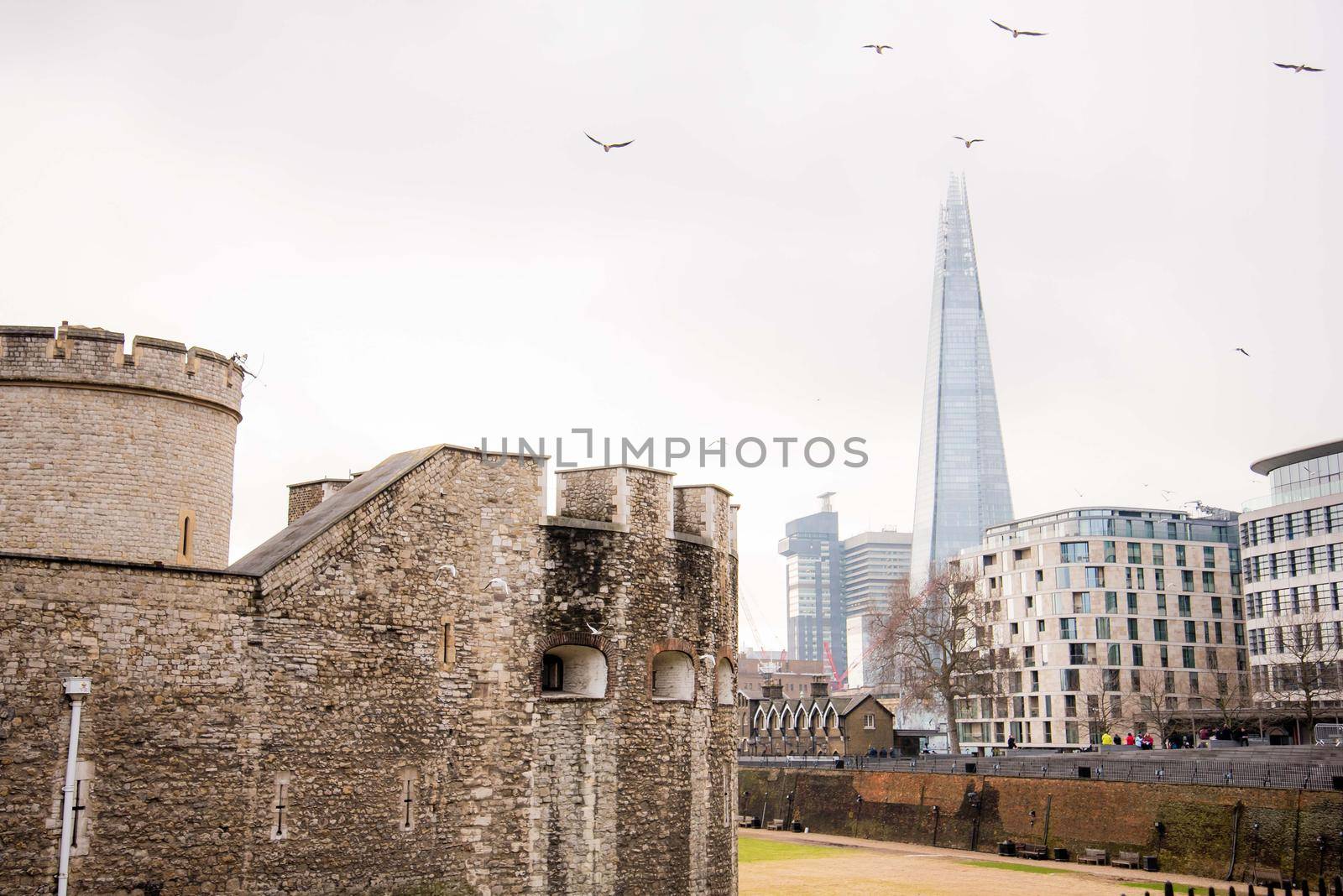 London, UK - January 26, 2017: Abstract landscape view of Tower of London and the Shard with birds flying around the geometric shapes.