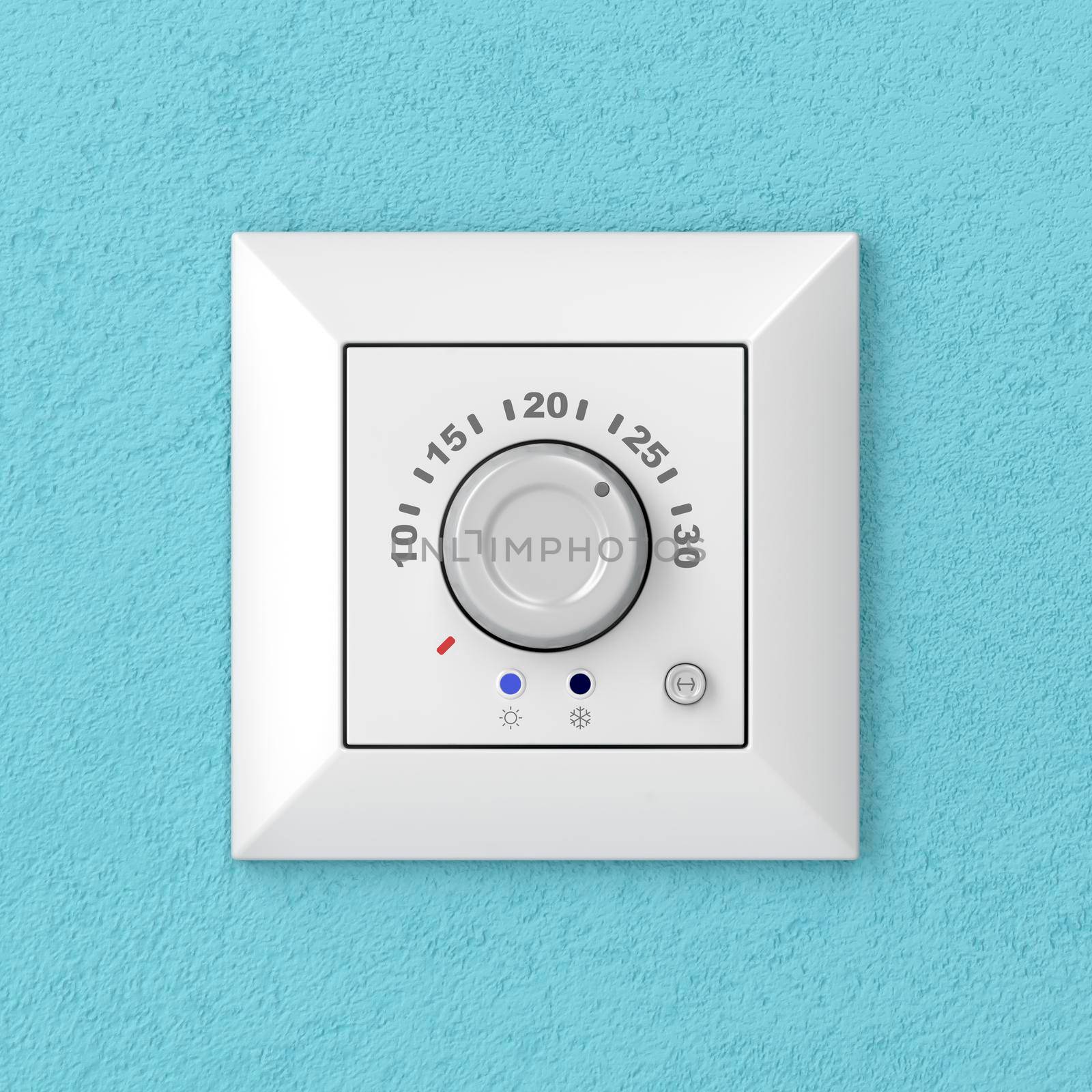 Air conditioner control panel (thermostat) on blue wall, front view
