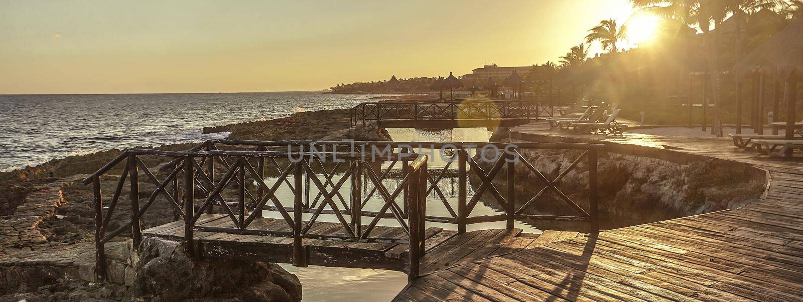 View of Mexico coast at sunset, image banner with copy space