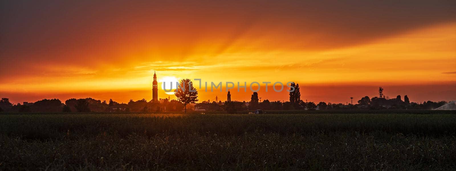 Countryside landscape sunset orange, banner image with copy space