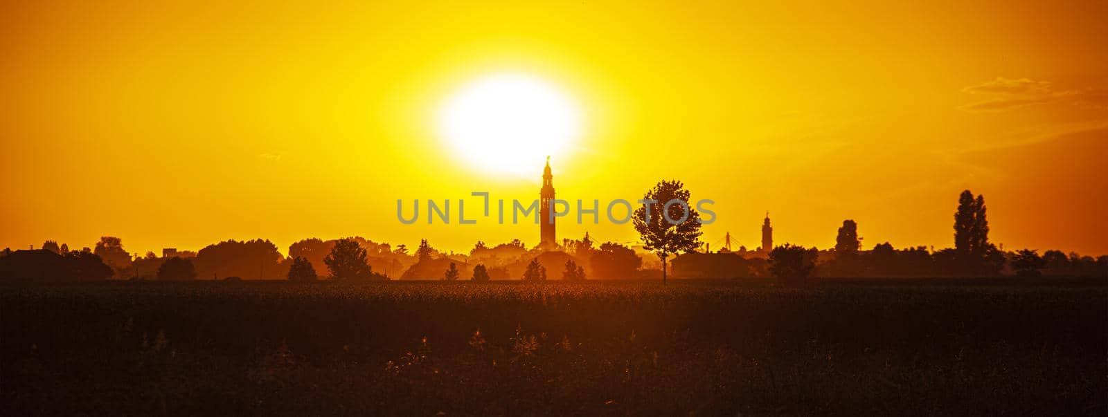 Countryside landscape sunset orange, banner image with copy space