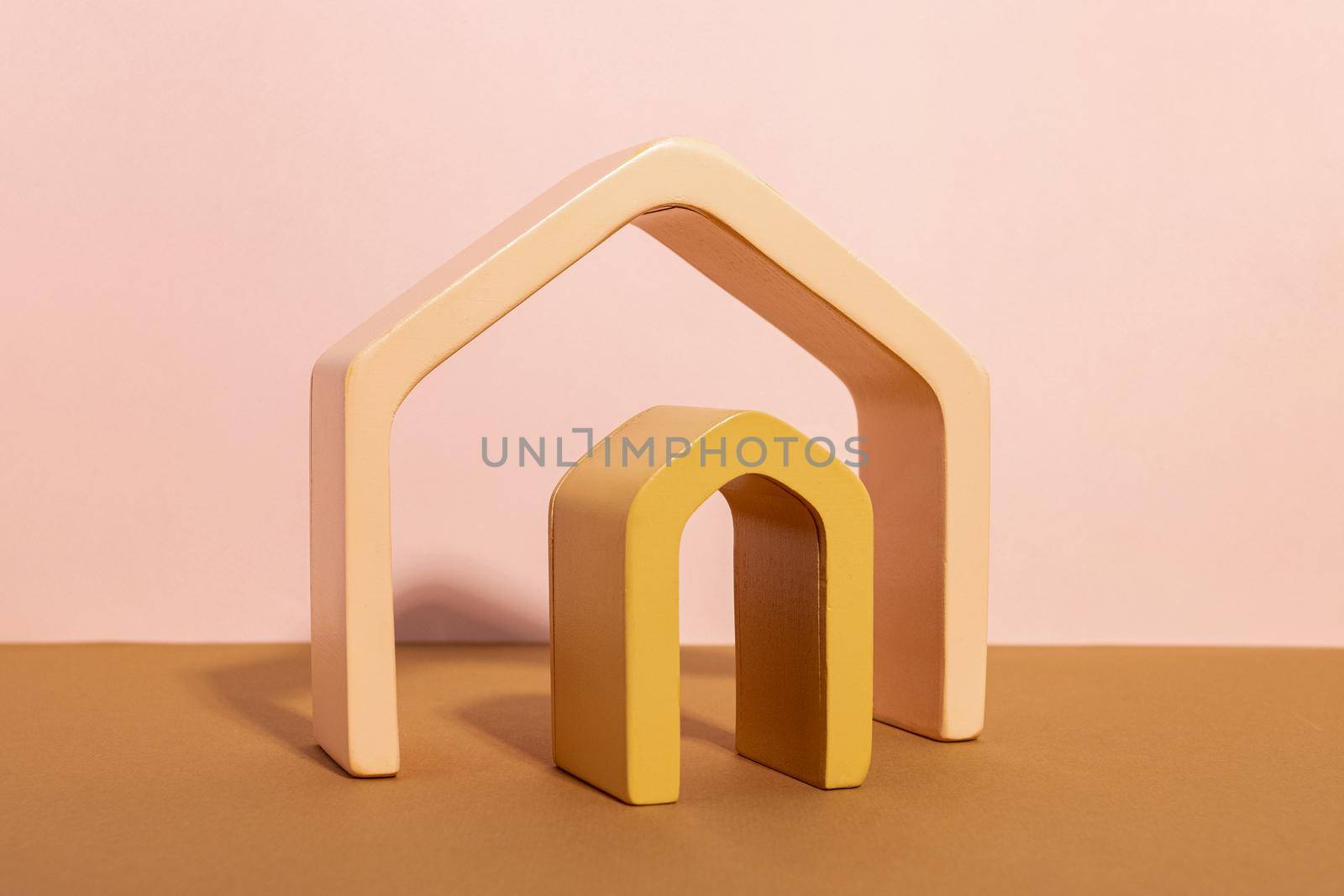 Abstract background trendy composition with geometric shapes form. Exhibition podium arch for product presentation on pastel beige background side view