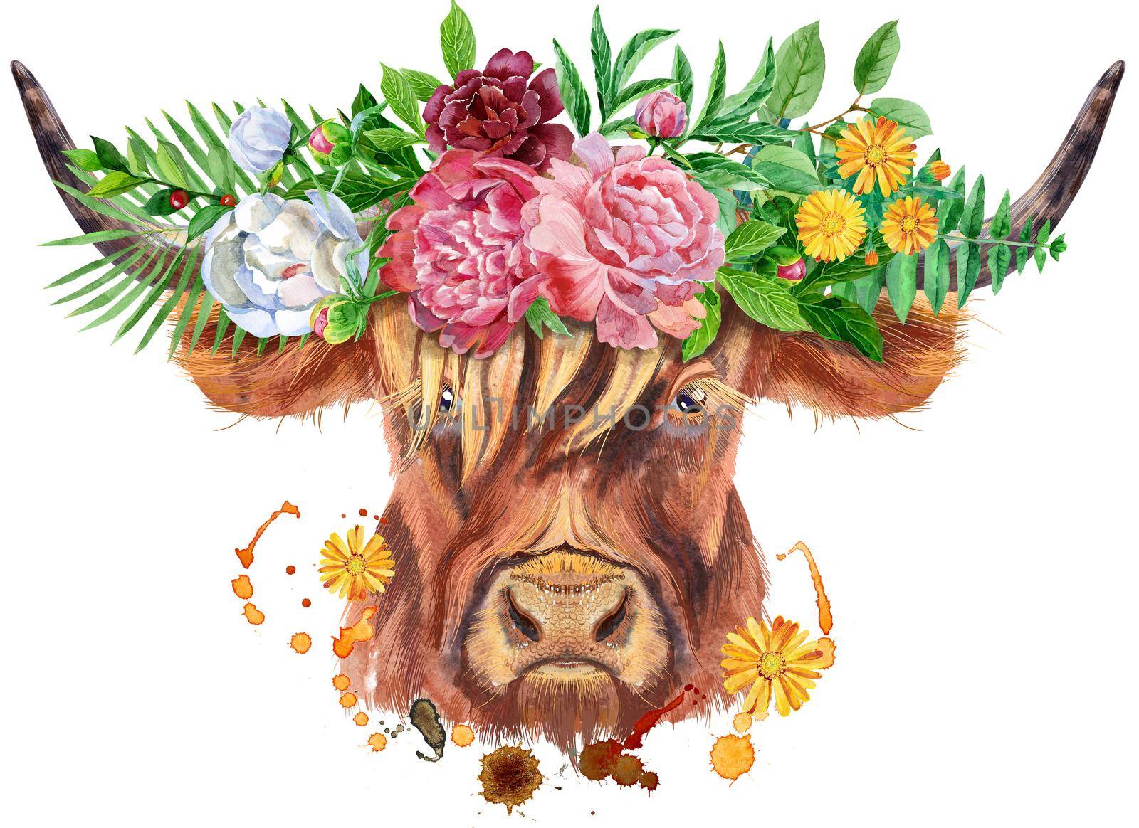 Watercolor illustration of a brown long-horned bull with flowers by NataOmsk
