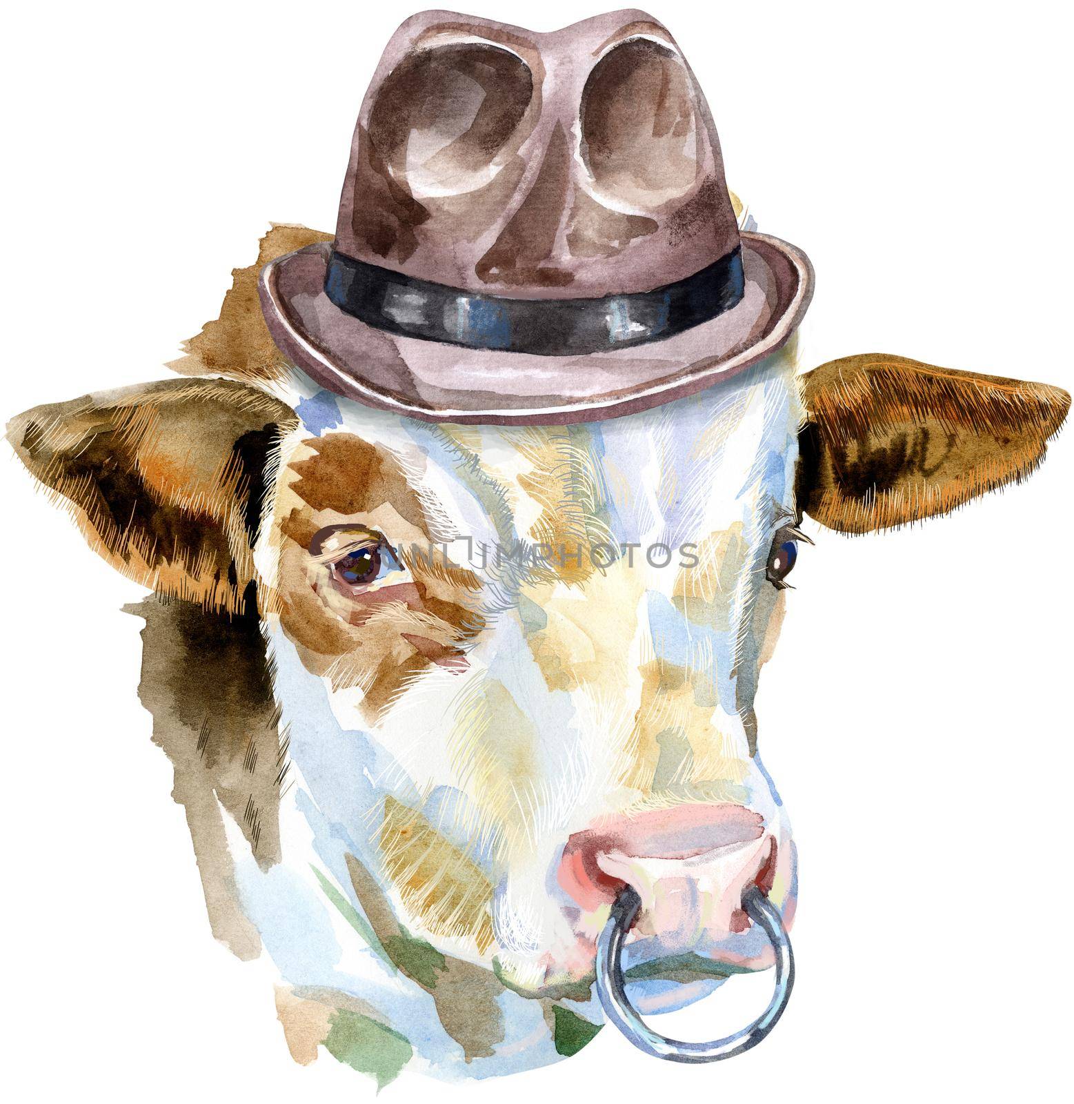 Bull watercolor graphics. Bull with brown hat. Animal illustration watercolor textured background.