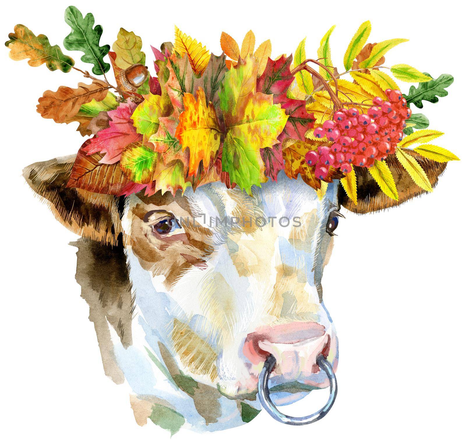 Bull watercolor graphics. Bull animal in a wreath of autumn leaves. Illustration with splash watercolor textured background.