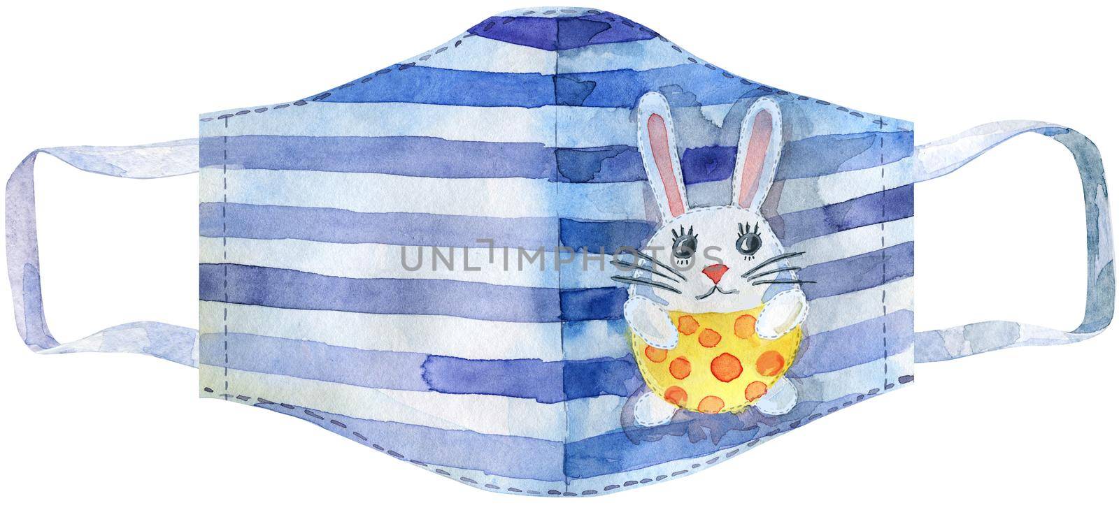Face mask with rabbit sticker virus protection against virus watercolor clipart. Health care, hand drawn medical mask.