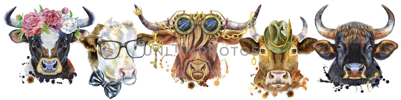 Cute border from watercolor portraits of bulls. For t-shirt graphics. Watercolor bulls illustration