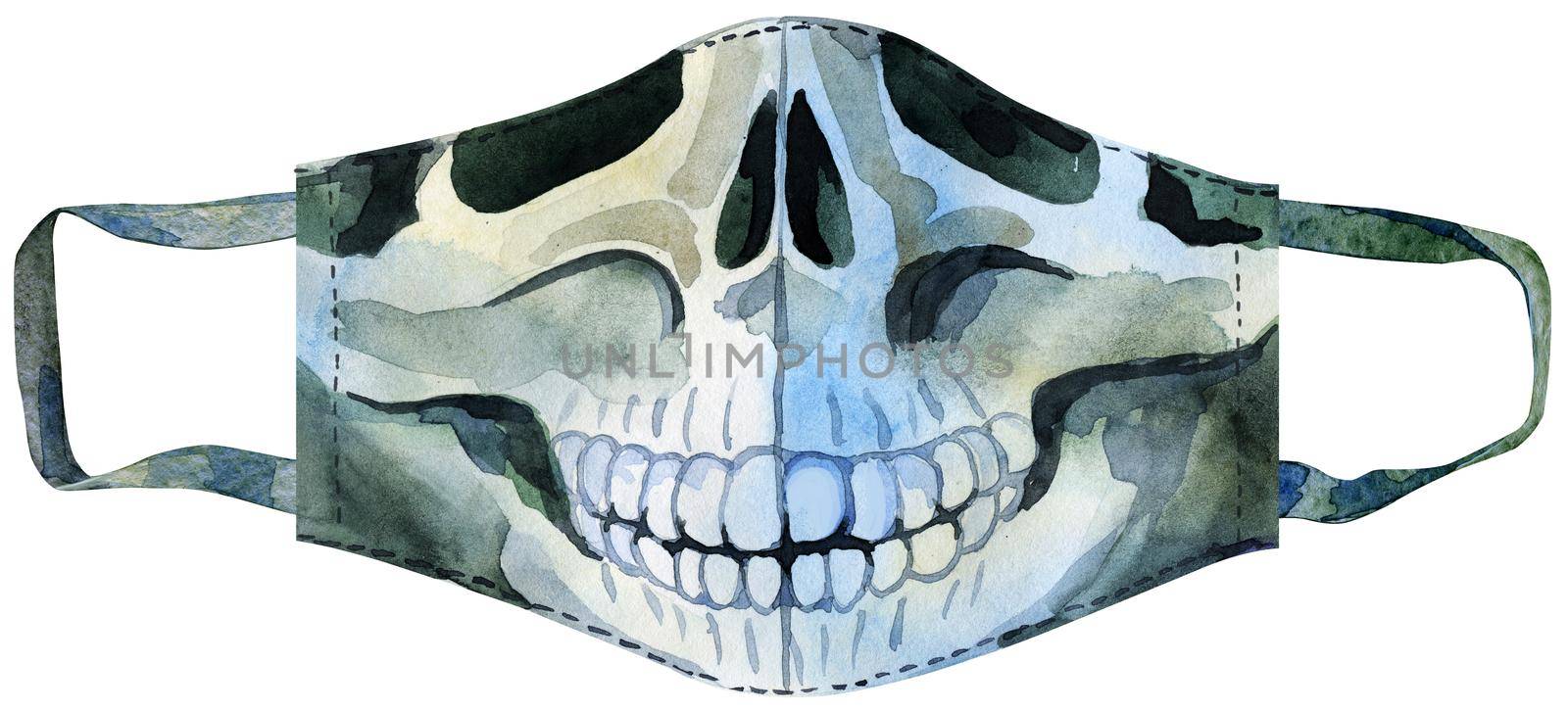 Face mask with skull. Virus protection against virus watercolor clipart. Health care, hand drawn medical mask. Homemade