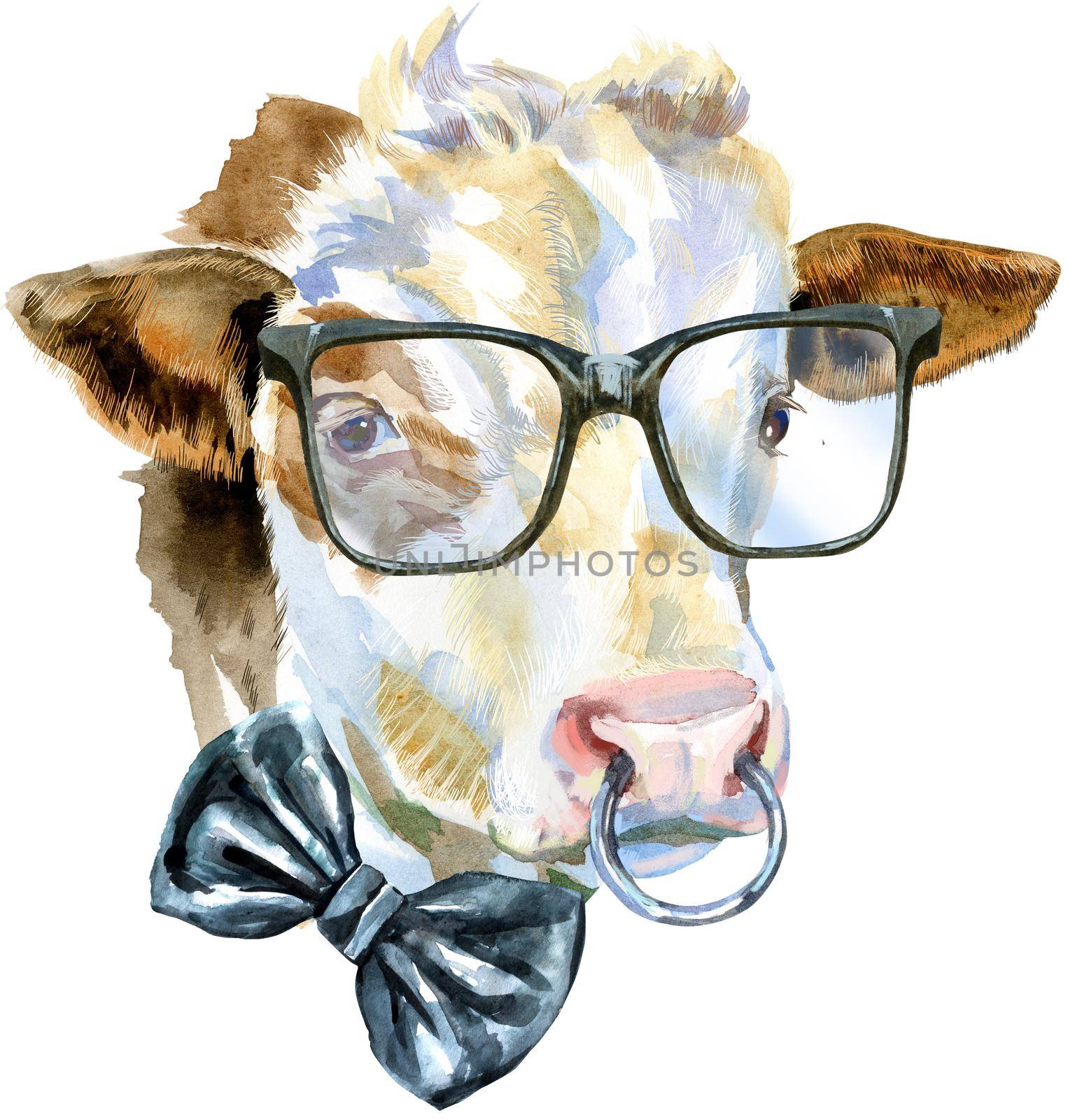 Bull watercolor graphics. Bull animal illustration in glasses and bow tie watercolor textured background.