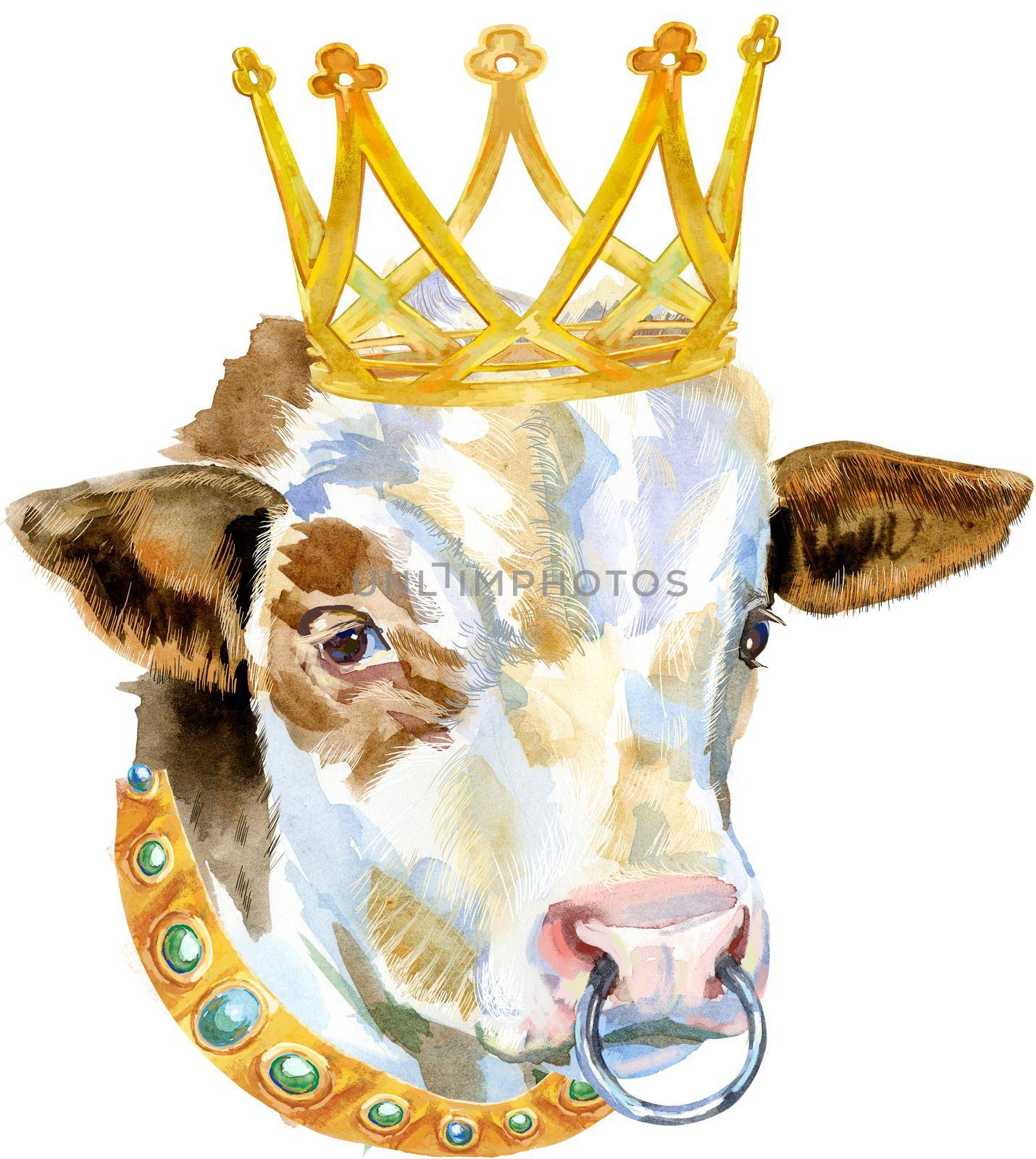 Watercolor illustration with gold crown of a white bull with brown spots by NataOmsk