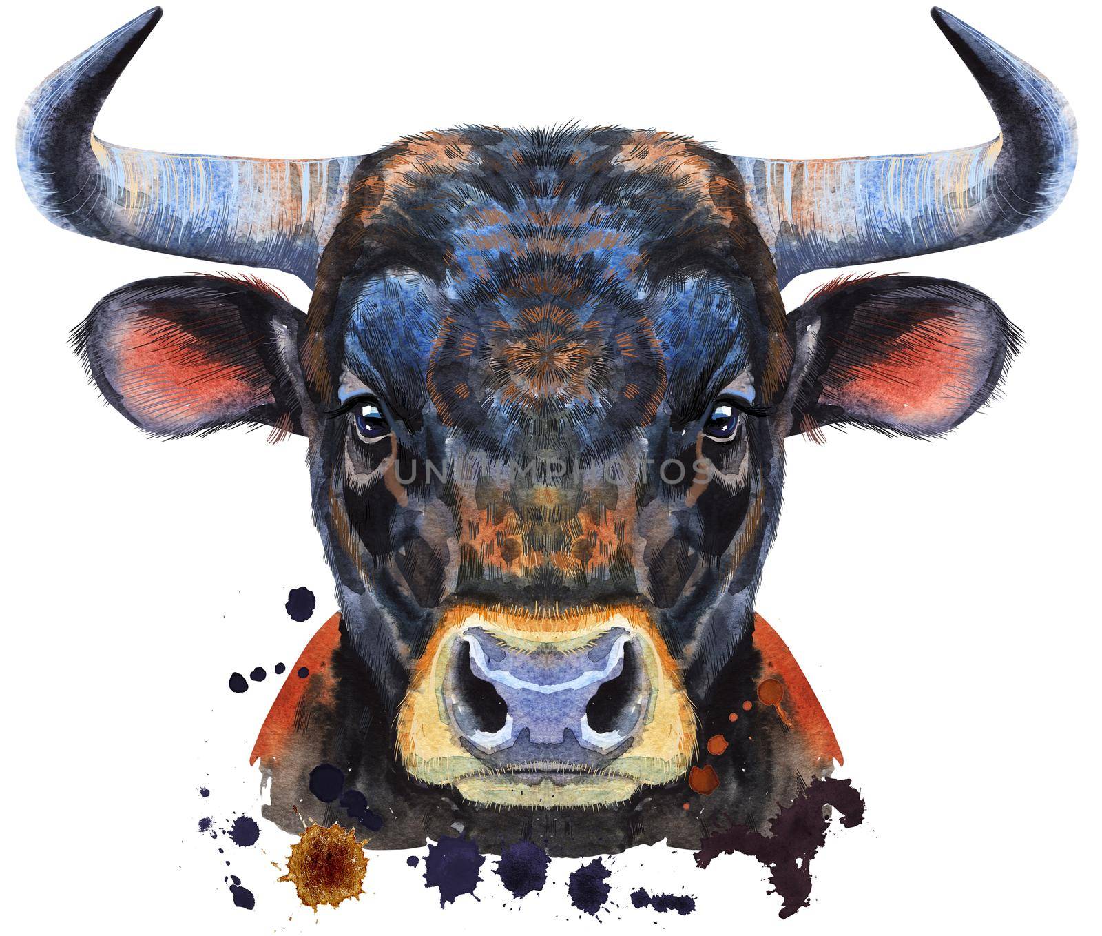 Watercolor illustration of black powerful bull with splashes by NataOmsk