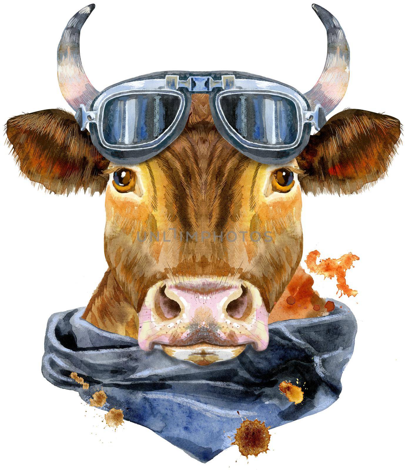 Bull watercolor graphics. Bull with biker sunglasses and handkerchief animal illustration with splash watercolor textured background.