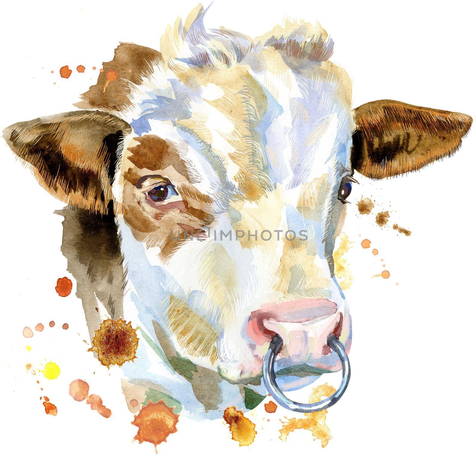 Bull watercolor graphics. Bull animal illustration with splash watercolor textured background.