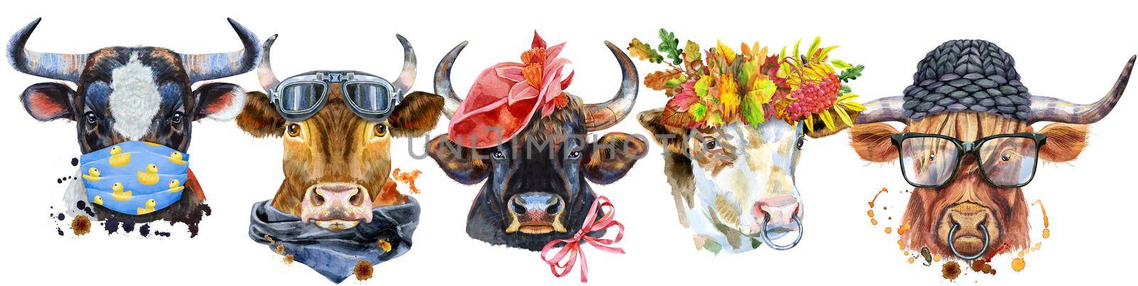 Border from watercolor portraits of bulls for decoration by NataOmsk