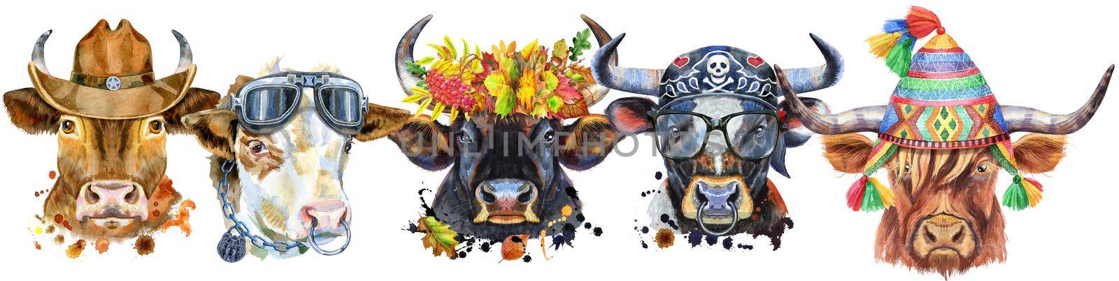 Cute border from watercolor portraits of bulls. For t-shirt graphics. Watercolor bulls illustration