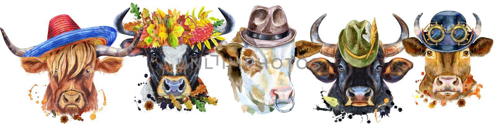 Cute border from watercolor portraits of bulls. For t-shirt graphics. Watercolor bulls illustration