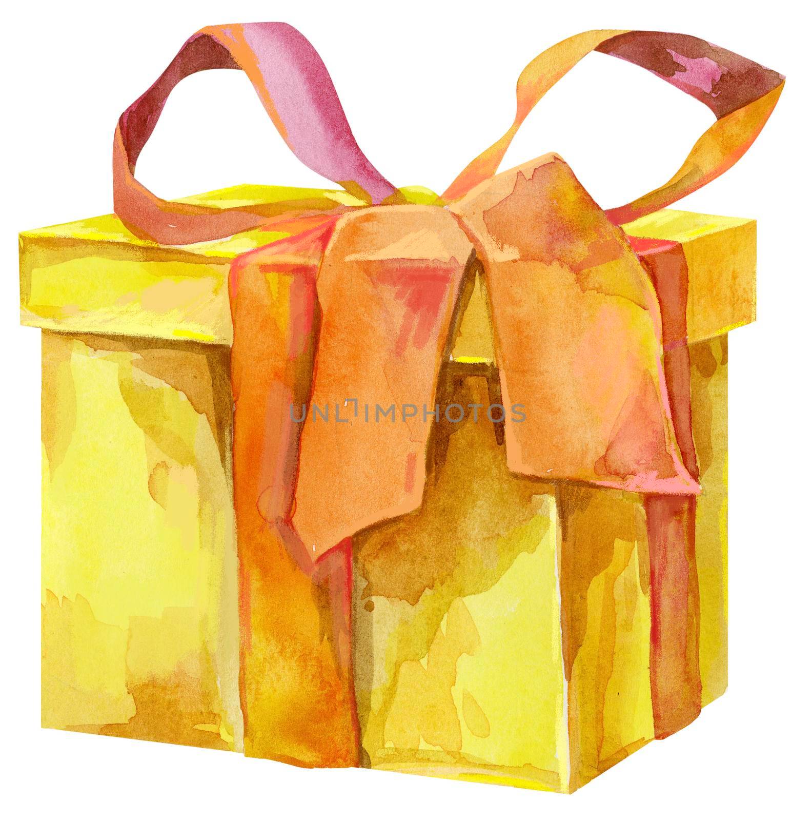 Yellow gift box with orange ribbon bow isolated, watercolor painting on white background