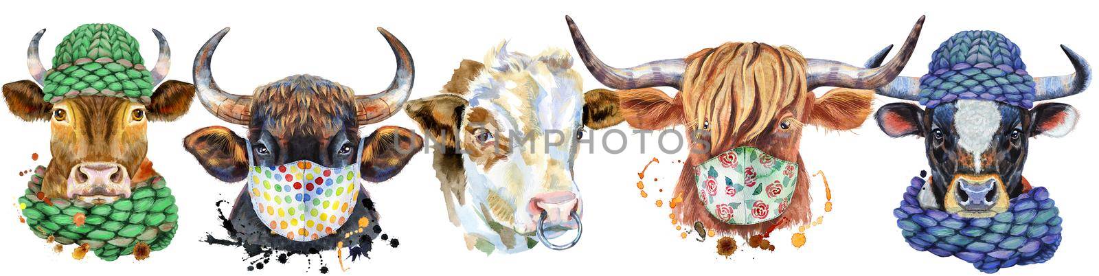 Cute border from watercolor portraits of bulls. For t-shirt graphics. Watercolor bulls illustration