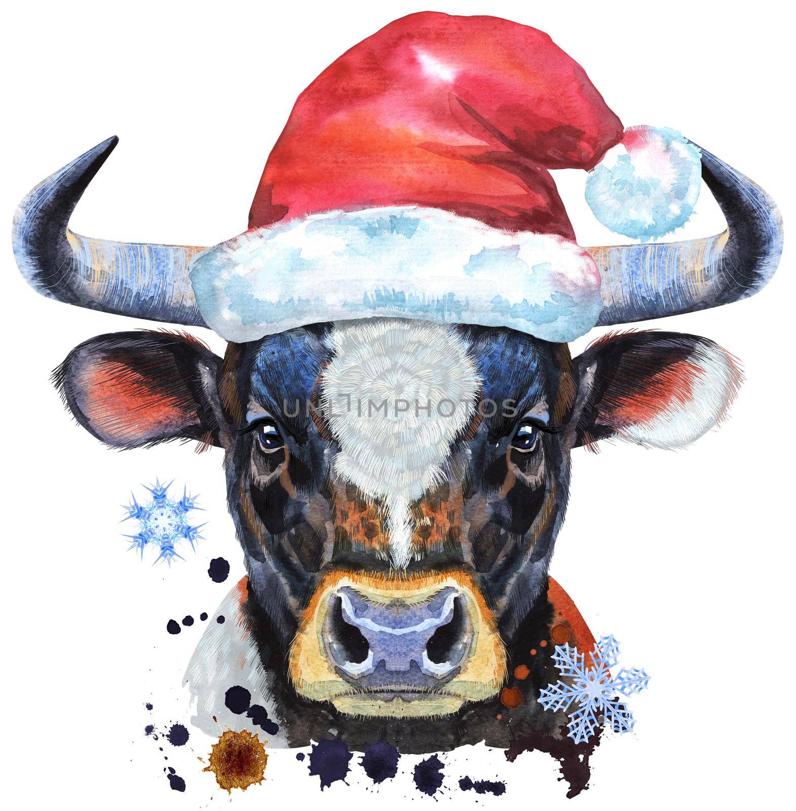 Watercolor illustration of black bull in Santa hat by NataOmsk