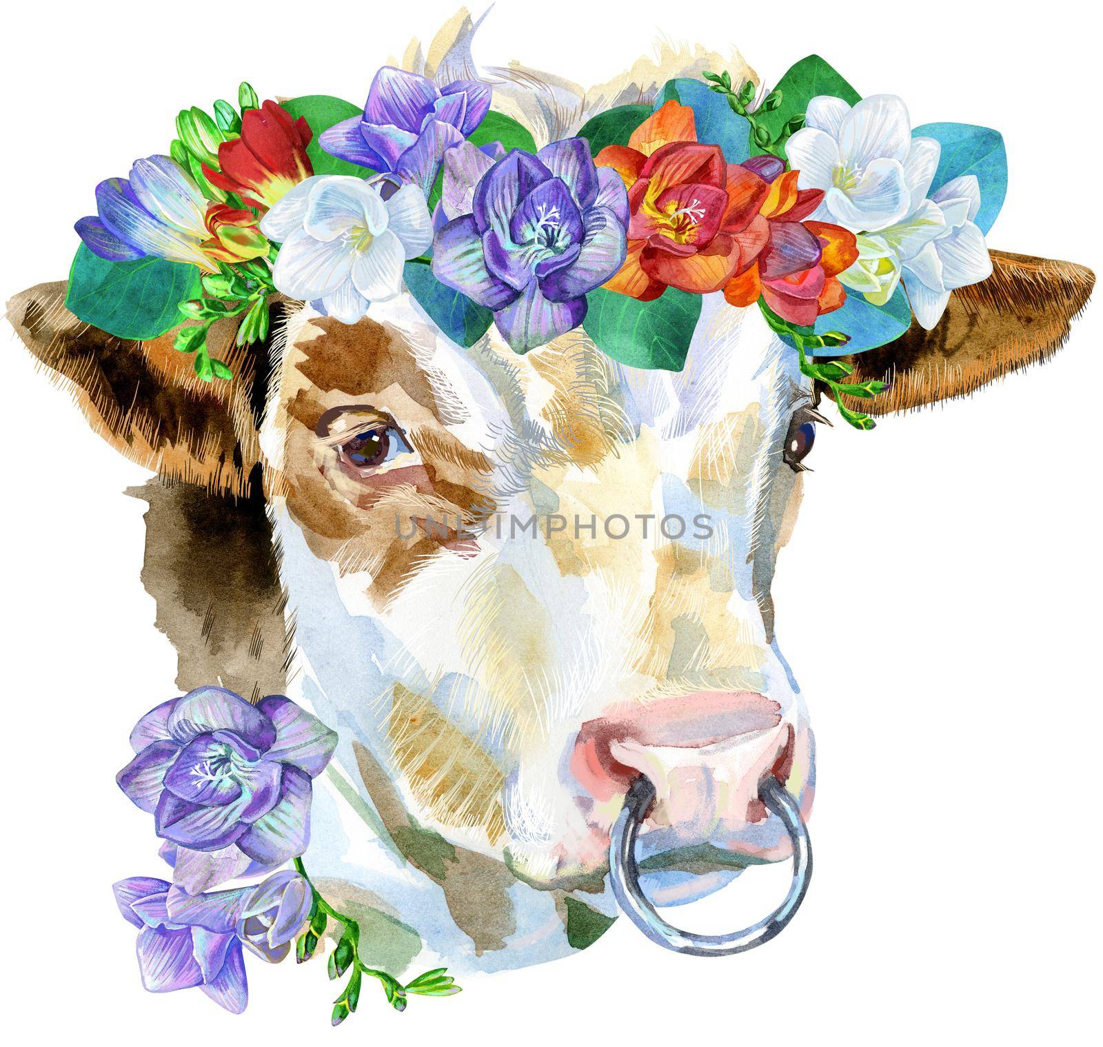 Watercolor illustration of a white bull bull in a wreath of freesias by NataOmsk