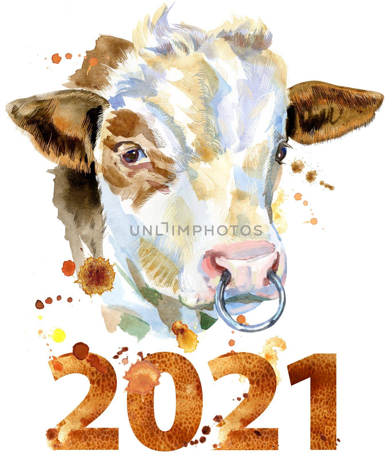 Bull with number 2021 watercolor graphics. Bull animal illustration with splash watercolor textured background.